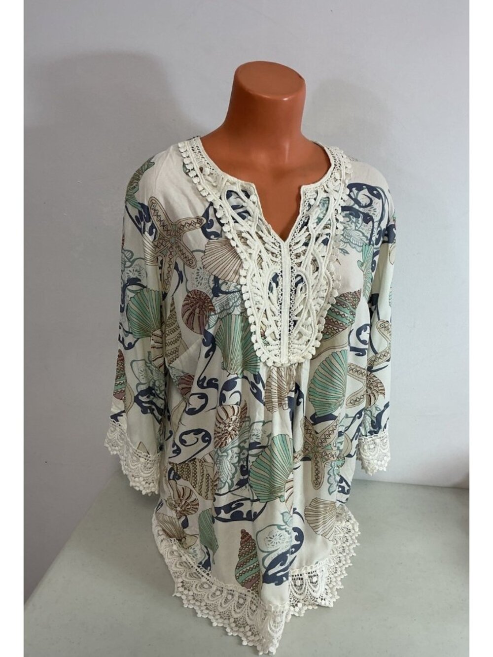 Krazy Kat Tunic Top Preppy Seashell Beach Print Womens Large